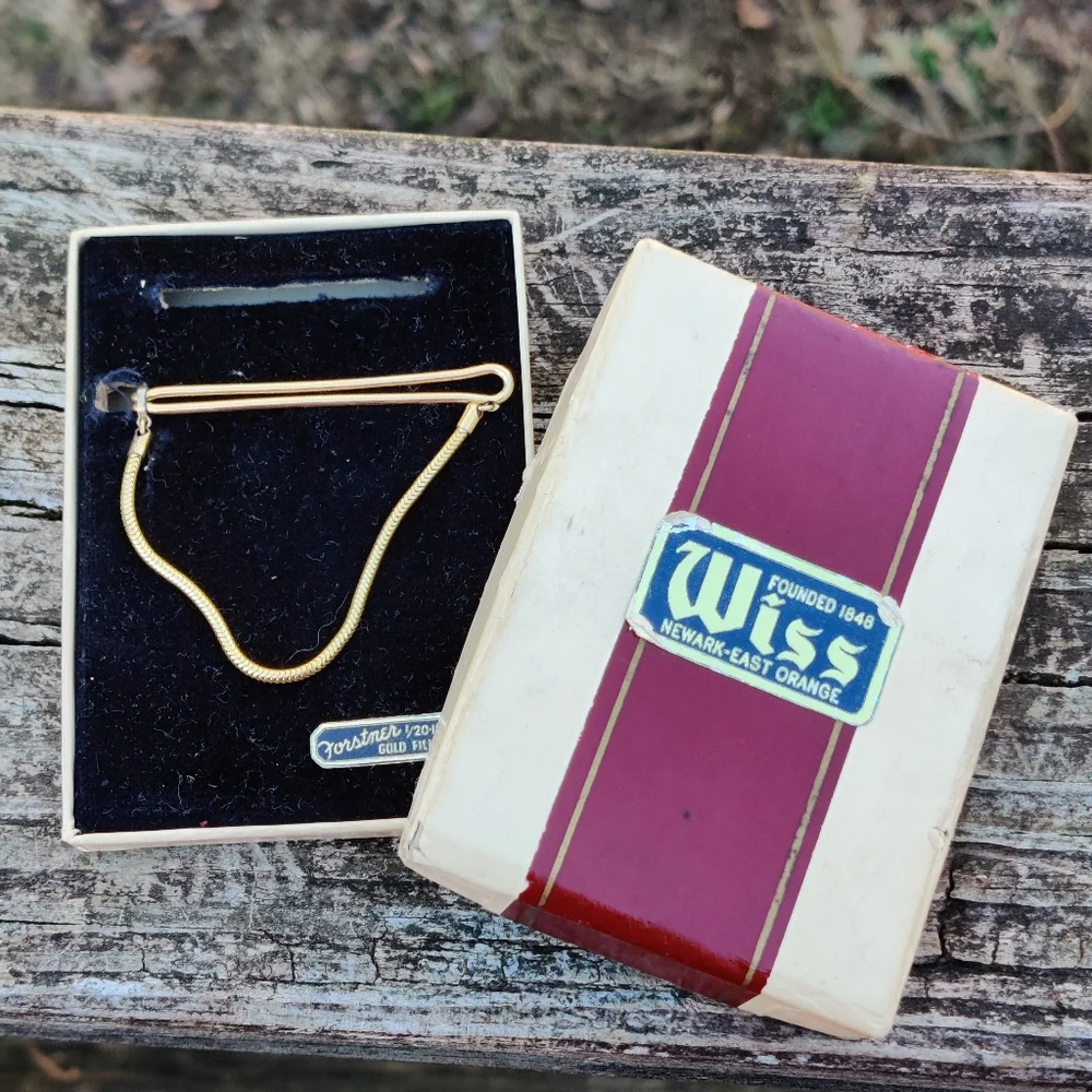 NIB Vintage men's Forstner 12k GF Tie bar with snake chain